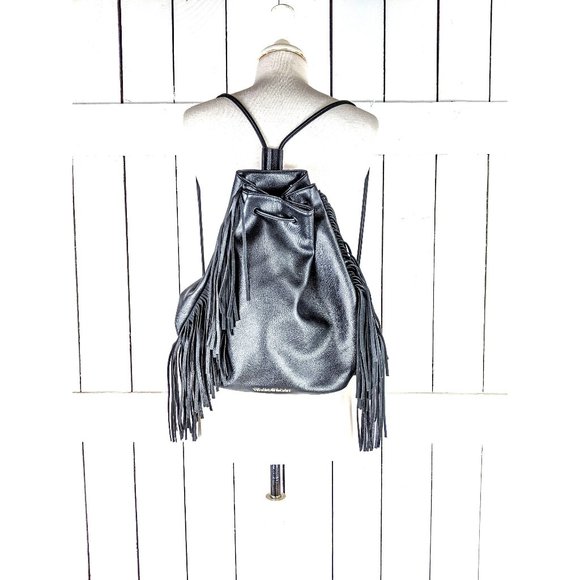 Victoria's Secret black faux leather tassel fringe drawstring purse backpack - Picture 1 of 6